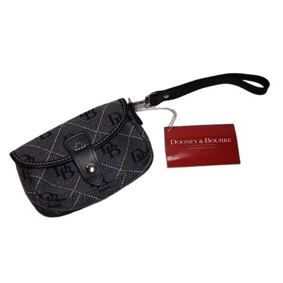 Dooney & Bourke Flap Wristlet Signature Fabric 7 Leather Black Grey Silver NWT - Picture 1 of 14